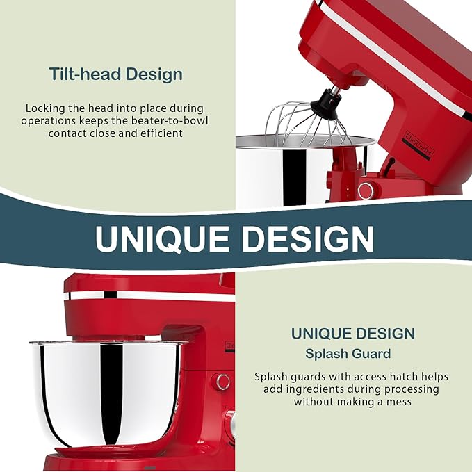 Household Stand Mixer with 6.5 Quart Bowl, Electric Food Mixer 10+p Speeds 660W, Kitchen Tilt-Head Bread Dough and Cake Mixers with Dough Hook, Whisk, Beater, Splash Guard and Egg Separator (Red)