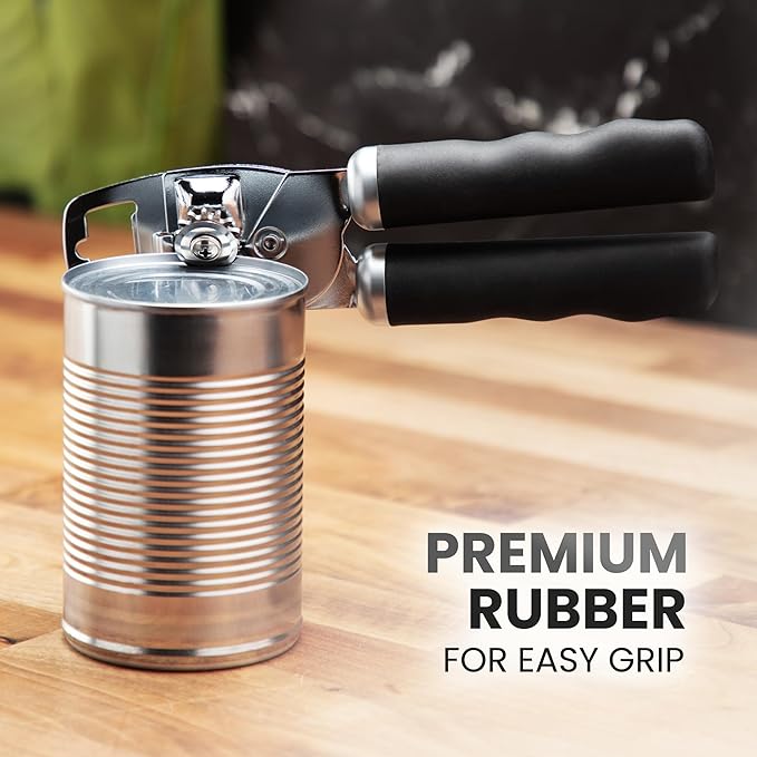 Zulay Kitchen Heavy Duty Stainless Steel Can Opener Manual with Bottle Opener - Rust Proof Manual Can Opener With Turn Knob & Comfy Soft Grip Handles - Black