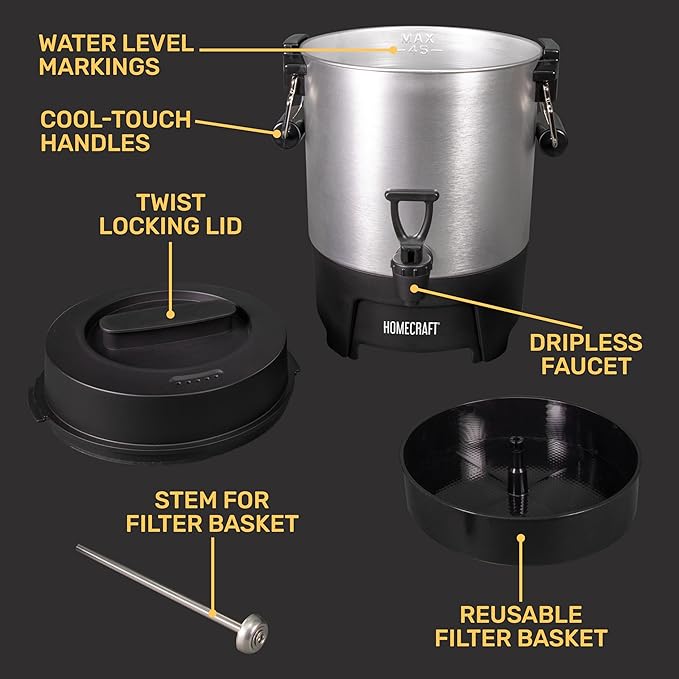 Homecraft 45-Cup Coffee & Hot Beverage Urn - Quick Brewing, Drip-Free Spout, Water Level Markings, Reusable Filter, & Carry Handles - Aluminum