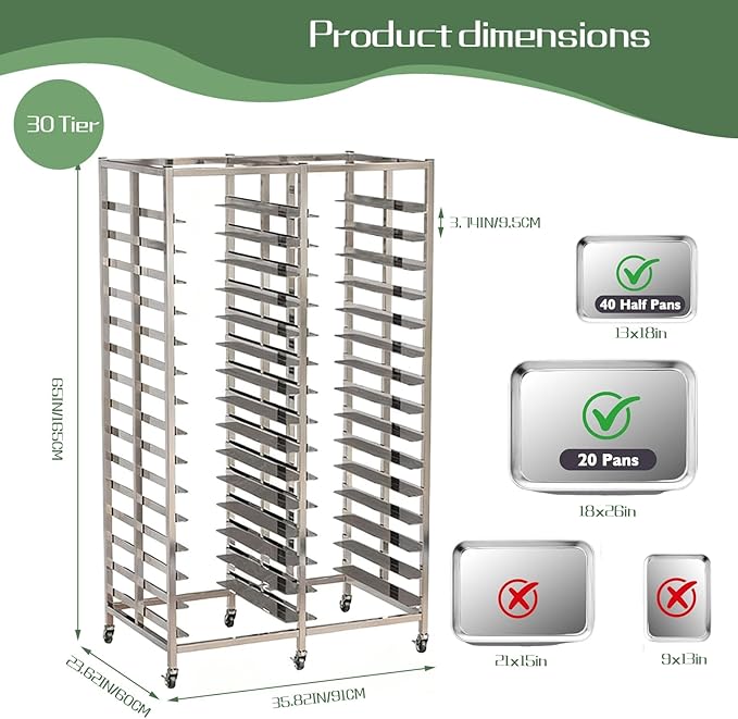 Bun Pan Rack, Commercial Bakery Sheet Rack with Brake Wheels, 30-Tier Stainless Steel Baking Tray Food cart ，for Bakeries Restaurant & Catering（Trays Not Included） ﻿ (30 Tier)