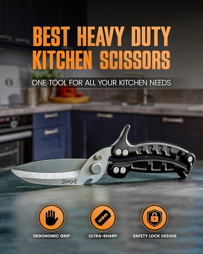 Poultry Shears Heavy Duty Professional, Kitchen Shears for Food, Kitchen Scissors Heavy Duty, Food & Meat Scissors, Dishwasher Safe Chicken Cutters. Spring Loaded, Black