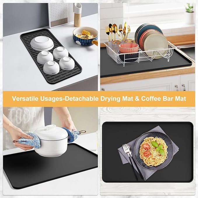 Silicone Coffee Mat, 24''x16'' Bar Mat with Detachable Dish Drying Mat - Fits Under Coffee Maker & Dish Rack