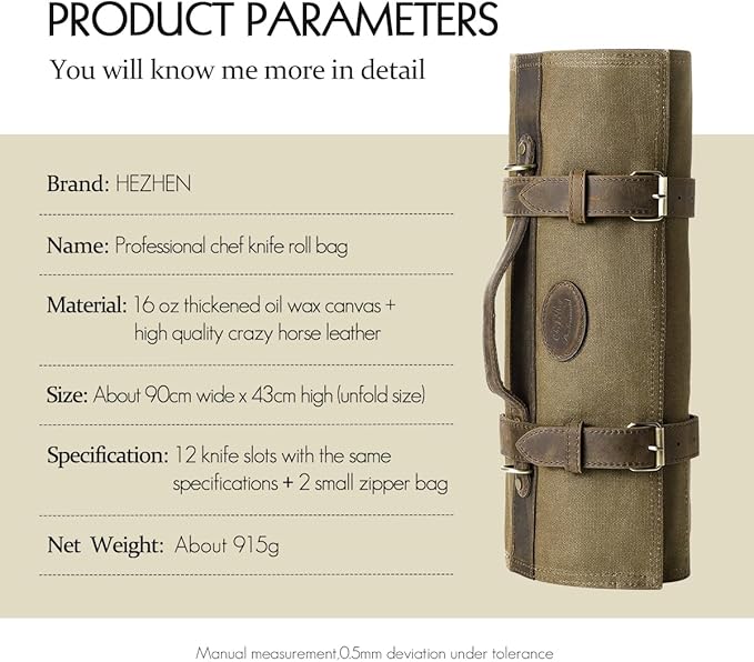 HEZHEN Chef Knife Roll Bag 16oz Oil Waxed Canvas, Heavy Duty Portable Backpack Knife Case Storage, 12 Slots & 2 Zipper Pockets, Detachable Adjustable Leather Shoulder Strap Belt（Not Included Knives）