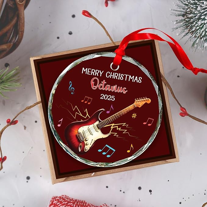 Personalized Electric Guitar Christmas Ornament Gift for Musician, Electric Guitar Player Glass Ornament Xmas 2025, Custom Text & Name Guitarist Glass Keepsake, Musical Instrument Christmas Ornaments