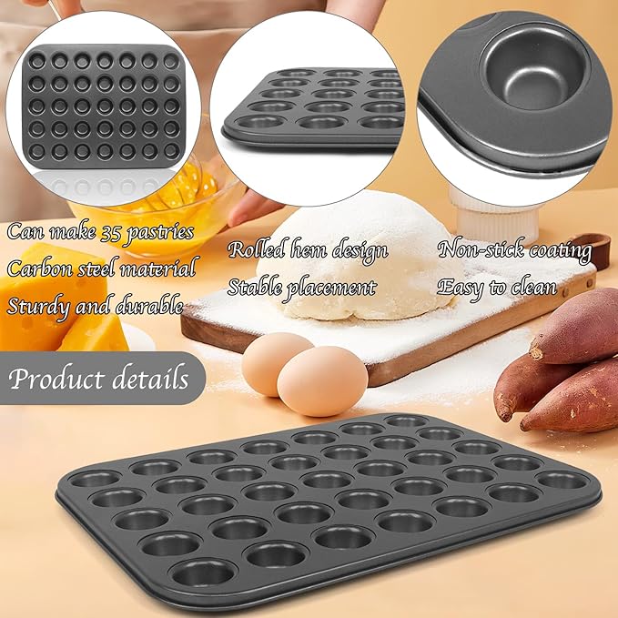 Muffin Pan, 2 Pcs 35 Cup Cupcake Pan Muffin Tin Non Stick Muffin Pan Steel Mini Muffin Tin For Baking Cheesecake Tailgate Party Supplies, Dishwasher Safe, 13.8 X 10.4 X 0.8 Inches
