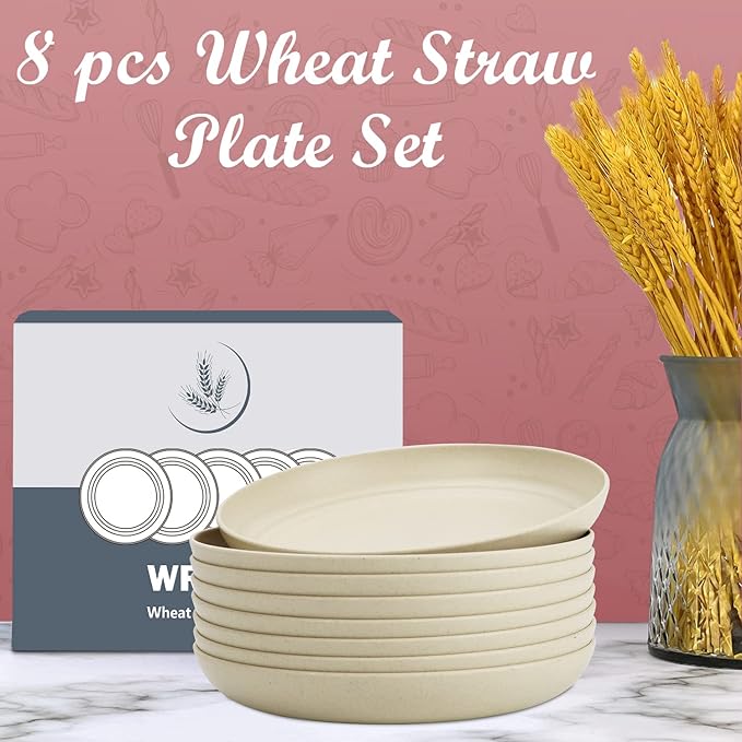 Wrova Wheat Straw Dinner Plates Set of 8 - 10 Inch Unbreakable, Dishwasher & Microwave Safe, Lightweight for Kitchen, R.V. (Beige)