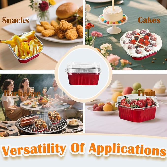 50 Pcs Mini Square Baking Cups with Lids,5oz Aluminum Foil Mini Cake Pans with Lids,Disposable Ramekins Cake Pans,150ml Dessert Cups Cupcake Pans for Wedding Birthday Party,Red