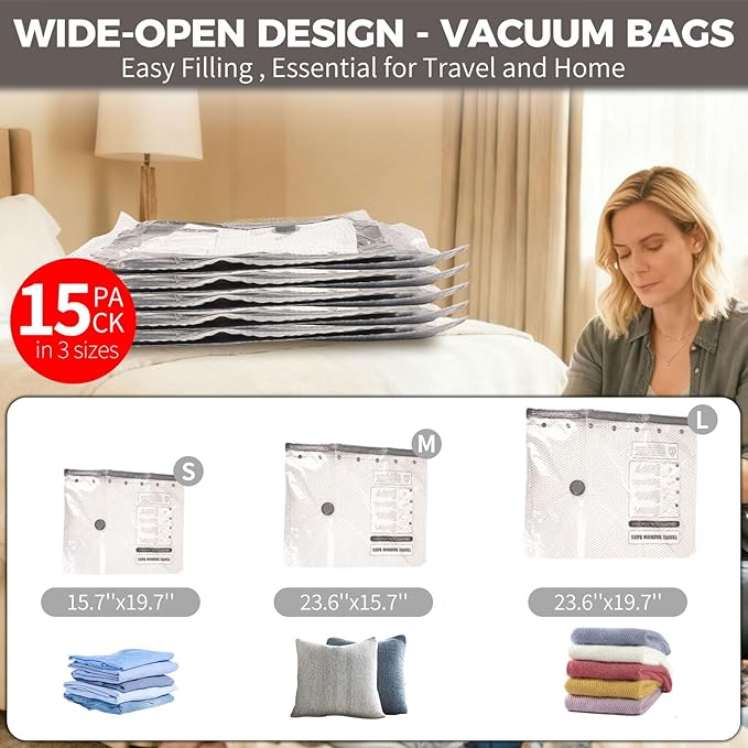 Vacuum Seal Bags for Clothing Travel with USB Electric Pump, FIRRAX 15 Combo Carry-on Size Space Saver Vacuum Storage Bags (5 Large+5 Medium+5 Small), Compression Packing for Luggage and Suitcase