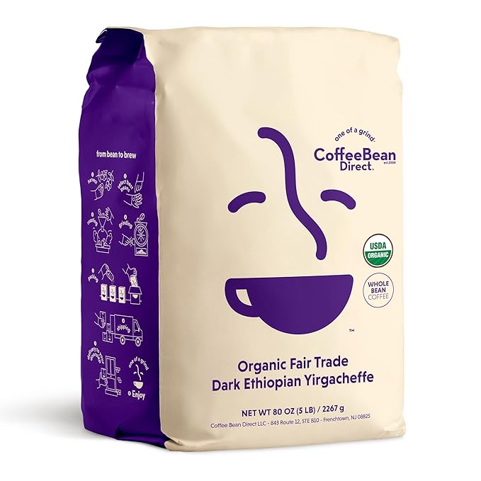 Coffee Bean Direct Organic Fair Trade Dark Ethiopian Yirgacheffe, Whole Bean Coffee, Arabica Coffee, Dark Roast, 5 Pound Bag (Pack of 1)