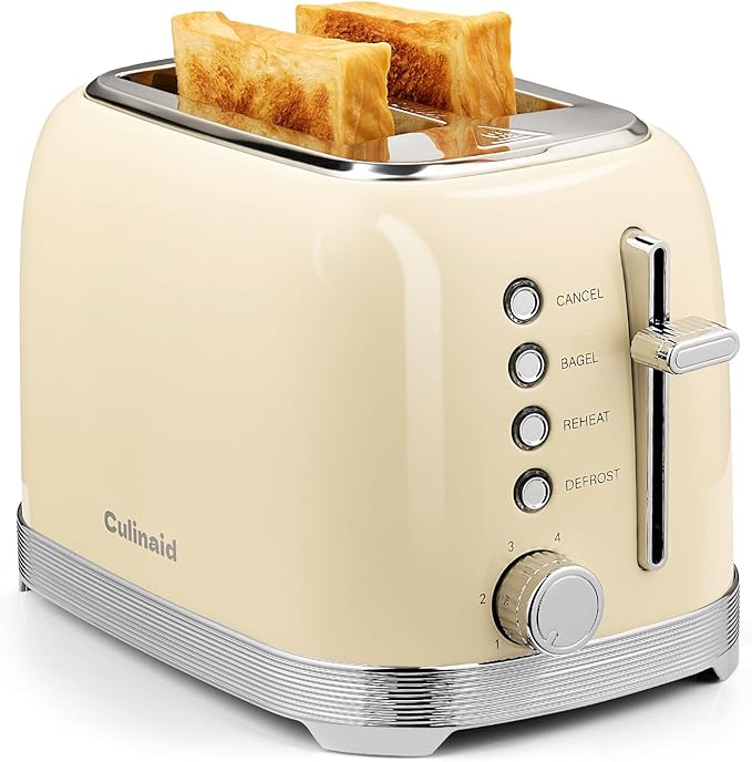 Toaster 2 Slice Retro Stainless Steel with 1.5” Extra Wide Slots Bagel, Defrost, Reheat, Cancel Functions, 6 Bread Shade Settings, Removable Crumb Tray, Cream White