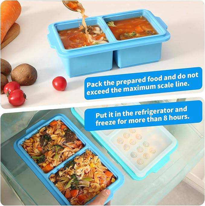 2 Cup Silicone Freezer Tray Ice Cubes with Lids and Date Mark for Storing Lasagna Leftovers Sauces Portioned Meals and More, Silicone Soup Freezer Molds for Meal Prepping 2 Pack Blue