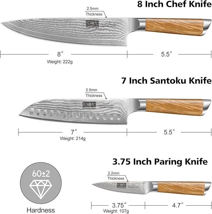 HOSHANHO Damascus Kitchen Knife Set 3-Piece, Ultra Sharp 8" Chef Knife, 7" Santoku Knife, 3.75" Paring Knife, Professional 10Cr15CoMoV Damascus Super Steel Chef Knife Set with Ergonomic Handle
