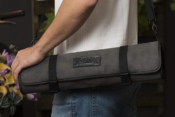 Asaya Canvas Chef Knife Roll Bag - 10 Knife Slots and a Large Zipper Pocket - Durable 10oz Canvas Knife Case with an Adjustable Shoulder Strap - Knives not Included