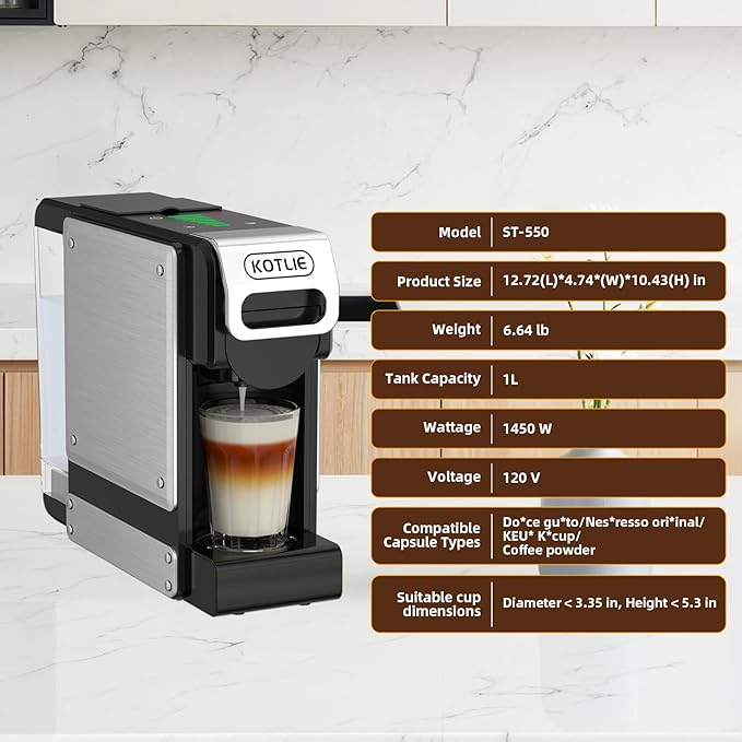 KOTLIE ST-550 Single Serve Coffee Maker, Espresso Capsule Coffee Maker for K*cup capsule/Ne*s Original/Dol*e Gu*to and Ground Coffee, 19Bar, 1L, Compact（Black）