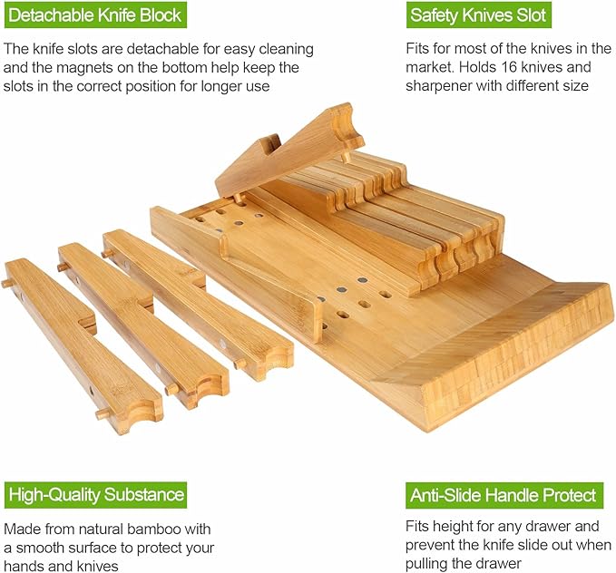 HHXRISE Knife Drawer Organizer, Bamboo In-Drawer Insert Knife Block Holds 16 Knives (Not Included) + Sharpener Slot, Detachable Washable Holder for Kitchen Knives Storage