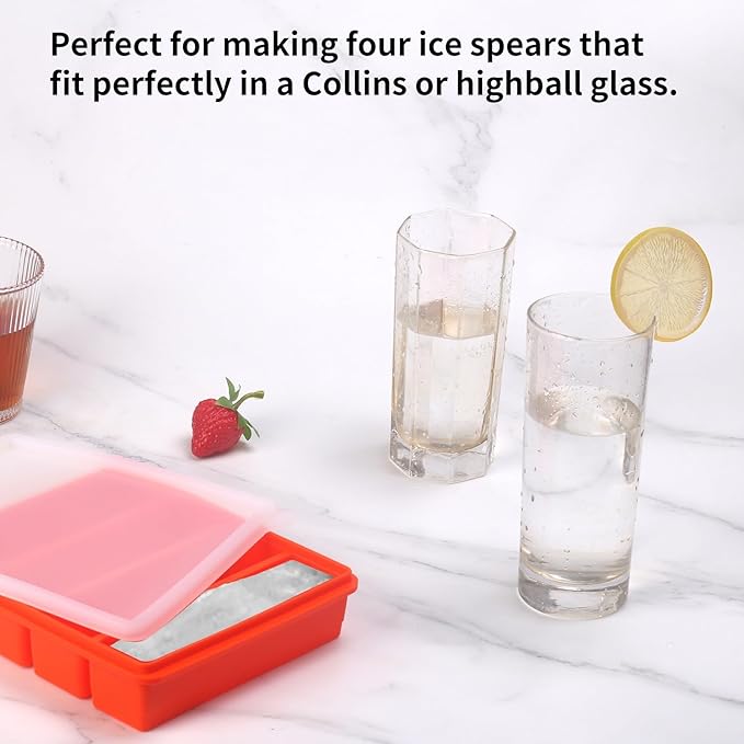 Large and Long Ice Cube Tray 4 Pack Silicone Freezing Container Sticks with Lid for Whiskey, Water Bottle, Food Leftovers and Baking (4 Pack Orange)
