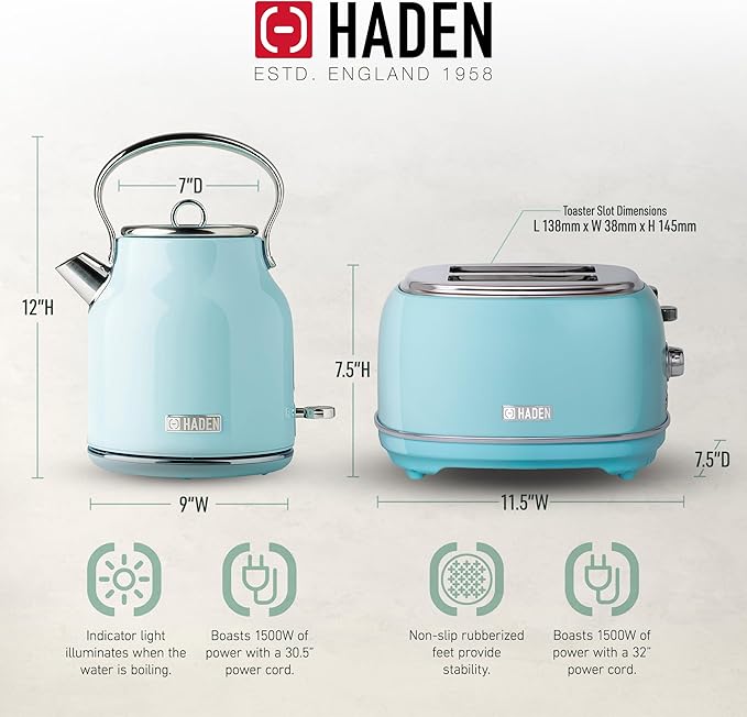 Haden Heritage 1.7 Liter Stainless Steel Electric Tea Kettle with Heritage 2 Slice Wide Slot Stainless Steel Bread Toaster, Turquoise