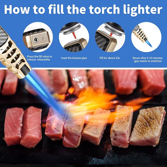 Butane Torch Lighter,Windproof Refillable Kitchen Cooking Torch,Adjustable Flame Solar Beam Blow Torch with Safety Lock for Candle Camping BBQ (Not Included Butane Gas) (Gold)
