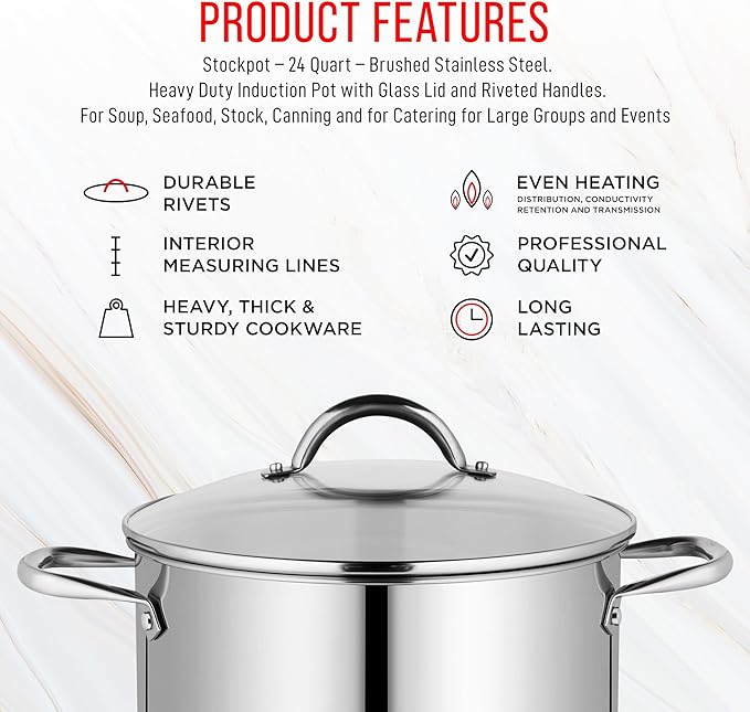 Stainless Steel Stockpot with Tempered Glass Lid 24 Quart, Durable 18/0 Stainless Steel, Impact-Bonded Base for Even Heating, Riveted Handles, Oven & All Stove Compatible, Safe Up To 500°F (260°C)