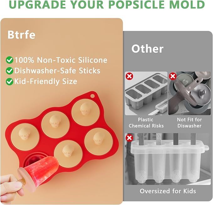 Silicone Popsicle Molds for Toddlers, 6-Cavity x 2oz Food-Grade Ice Pop Mold, Reusable DIY Fresh Fruitsicle Frozen Treats Maker (RED)