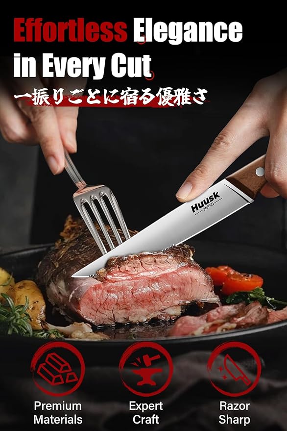 Huusk Steak Knives Set of 6 with Drawer Organizer-4.5 in Japanese Serrated Steak Knife Set with Block, Serrated & Straight Dual-Edge, Stainless Steel Steaks Knives with Holder, Gift Box for Men Wowen