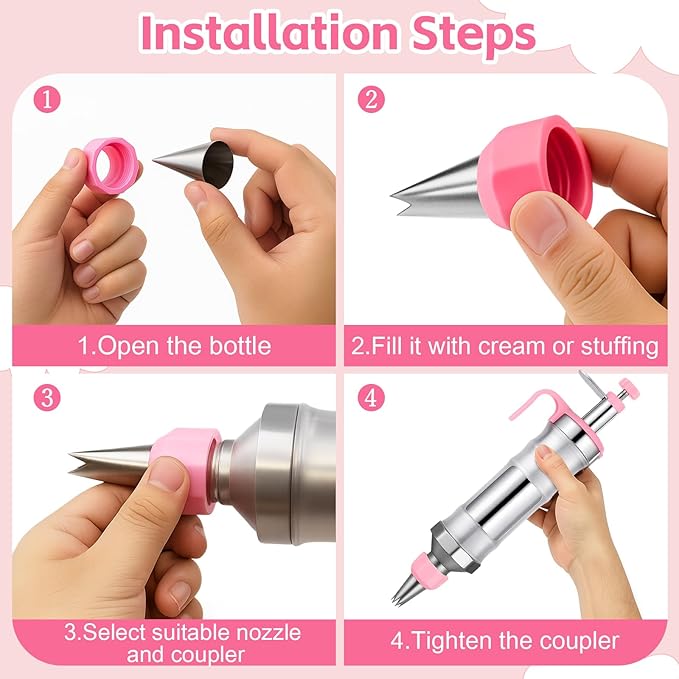 Dessert Decorating Syringe Set, Icing Piping Kit Stainless Steels Cake Decorating Tools with 6 Piping Tips & 9 Silicone Cupcakes & 3 Cream Scrapers, Cake Decorating Kit Frosting Piping Kit