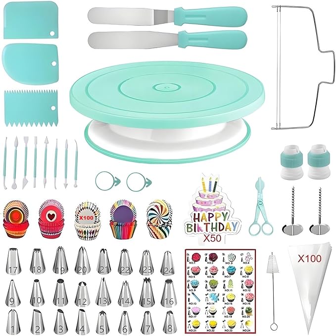 298 Pcs Cake Decorating Kit with Cake Turntable,Cake Leveler,24 Numbered Icing Tips,2 Spatulas,3 Comb Scrapers,8 Carved Pens,100 Pastry Bags,100 Paper Cupcake Liners, (Green)
