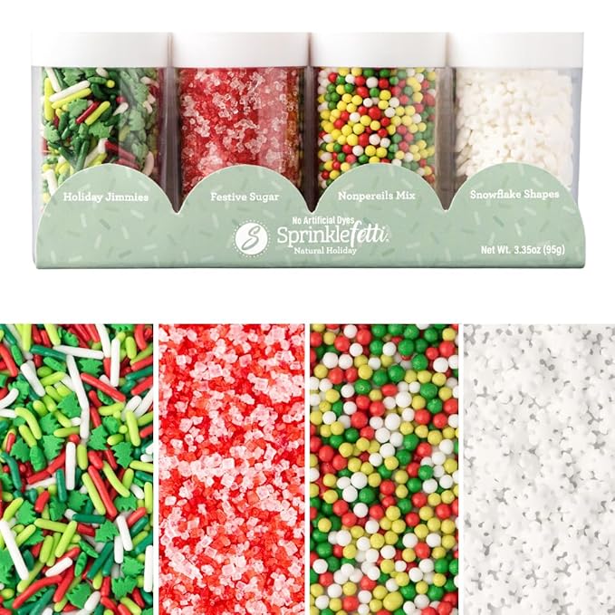 Sweets Indeed Dye-Free Holiday Sprinkle 4-Pack – 3.35 oz | Natural Christmas Sprinkles with Nonpareils, Sugar Crystals, Snowflakes & Festive Sprinkle Mix in Individual Jars | Holiday Baking Decorations