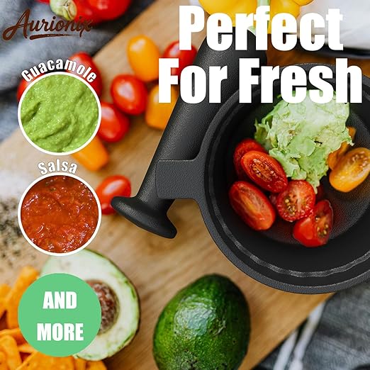 Cast Iron Mortar and Pestle & Garlic Grater Plate Set, Guacamole Bowl and Masher with Bonus Brush/Spoon, Small Mortar and Pestle Set 3-in-1 Crushing Smasher for Kitchen Spices and Pesto
