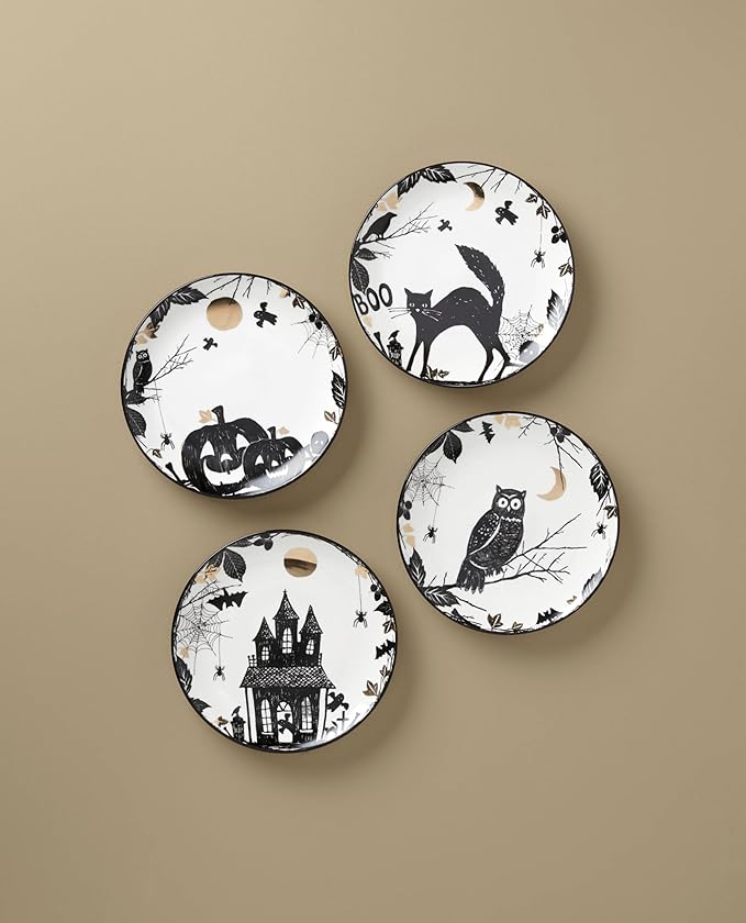 Lenox Dinnerware, Vintage Halloween Haunted Accent Plates, Assorted, Set of 4, Porcelain, Dishwasher & Microwave Safe, Halloween Decor Indoor, Spooky Decorative Plates for Home (Black/White, 4 Piece)