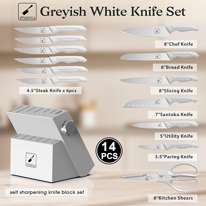 imarku Kitchen Knife Set, Japanese Knives Set For Kitchen, Stainless Steel Knife Set With Block, Kitchen Gadgets, White, Anti-Slip Handle, Dishwasher Safe