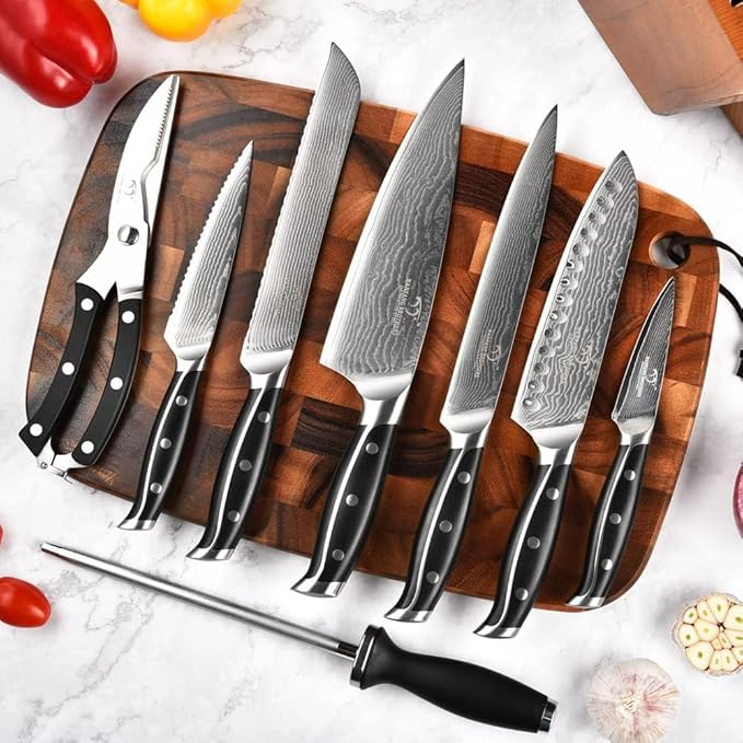 Damascus Kitchen Knife Set with Block – Razor Sharp 67-Layer VG10 Steel, Triple Rivet Handles, Chef, Santoku, Utility, Bread & Paring Knives, Sharpener, Shears, Black, 9PCS