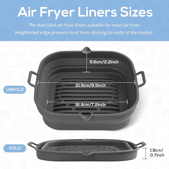 Silicone Air Fryer Liners Square - Reusable Airfryer Collapsible Basket - Easy to Clean Air Fryers Pot for 5.8 to 8 Qt Baking Tray Oven Accessories, 8.5 Inch Large