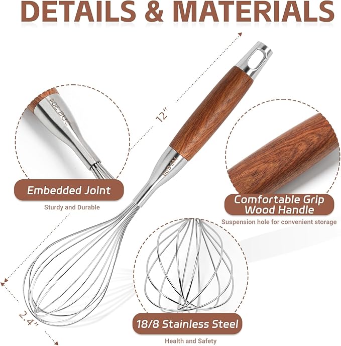Stainless Steel Whisk Wooden Handle Metal Whisk Balloon Wire Baking Whisks for Cooking Kitchen Whisking Beating Blending 12inch