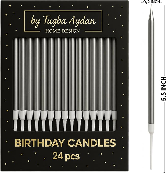 by Tugba Aydan - Silver Birthday Candles - 24 Count Long Thin Silver Birthday Candles for Cake, Metallic Cake Candle for Birthday, Party Candles