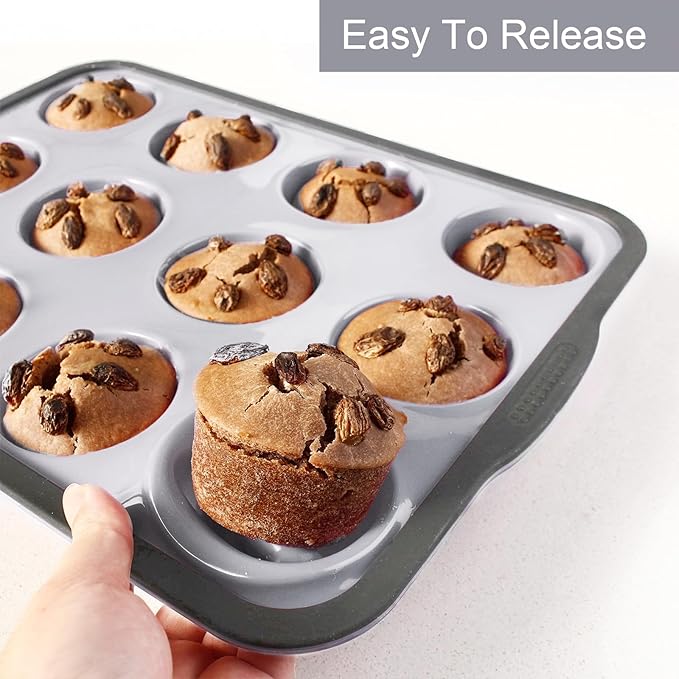 Aichoof Non-Stick Silicone Muffin Pan With Reinforced Stainless Steel Frame Inside,12 Cup Regular Muffin Baking Mold, 12 Cup Muffin Tin, BPA Free,Dishwasher Safe, Gray