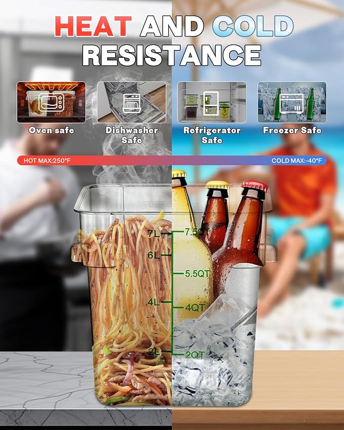 12 Quarts Sous Vide Container: 8 PCS Commercial Food Storage Containers with Lids - Clear Food Container with Scales Handles for Home Restaurant Kitchen Storage Pizza Bread (Green N)