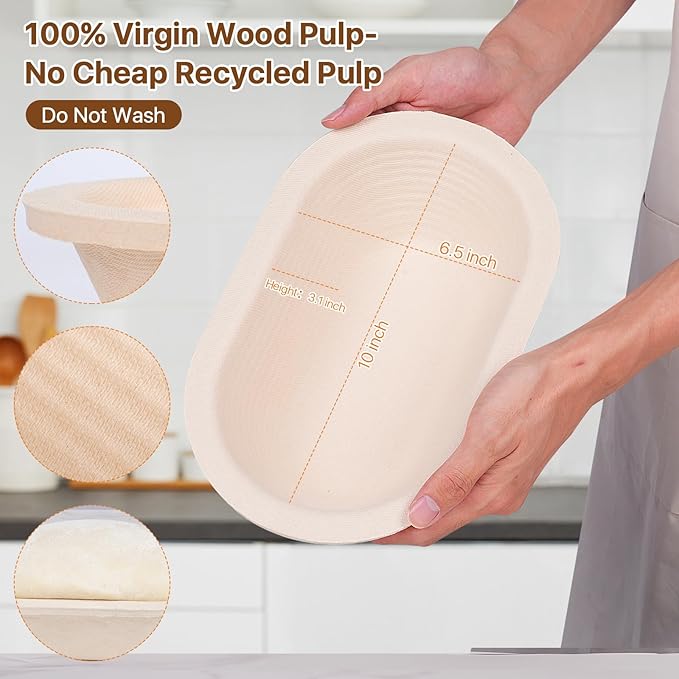 Non-Stick Oval Wood Pulp Banneton Bread Proofing Basket Set, Sourdough Banneton Basket Kit, Bread Making Tool Sourdough Starter Kit with Proofing Bowl, Cover, Dough Whisk, Lame, Scraper