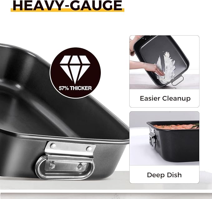 HONGBAKE Nonstick Lasagna Pan 3 Inch Deep, 9x13 Baking Pan, Rectangular Sheet Cake Pan, Roasting Pan for Oven with Stainless Steel Handles, Dishwarsher Safe, Dark Grey