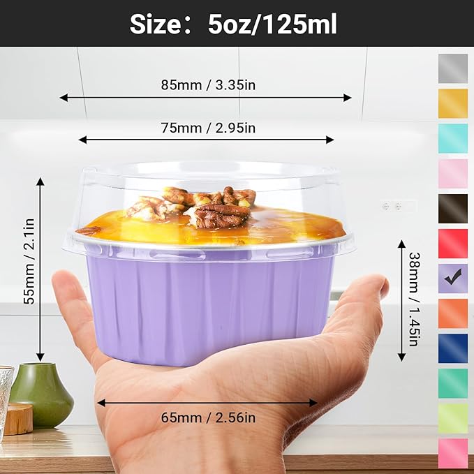 EUSOAR Disposable Ramekins with Lids, Light Purple 25pcs 5oz Creme Brulee Ramekins Disposable, Muffin Liners Cups，Mini Cheesecake Foil Pans Dessert Containers with Lids for Party Favor Birthday
