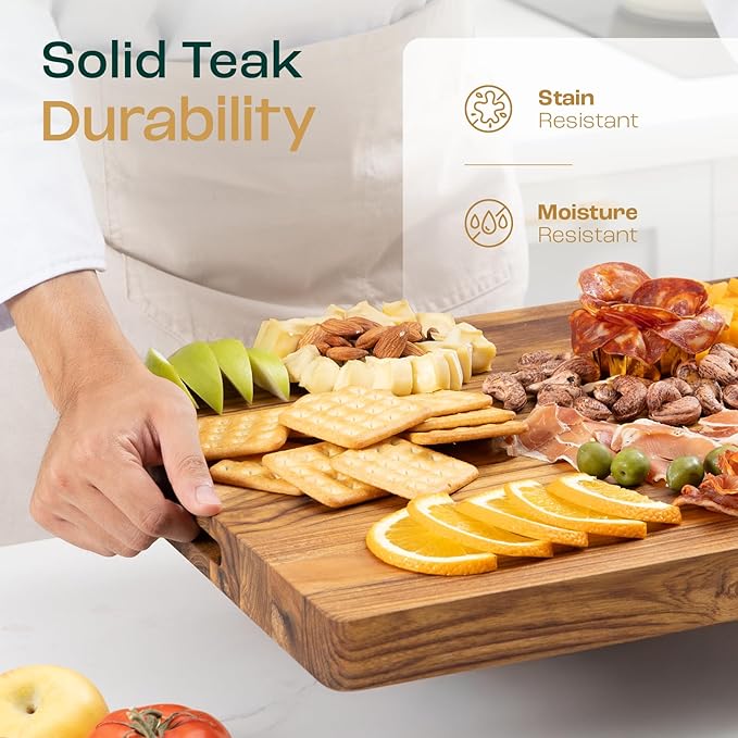 Yes4All Solid Teak Cutting Boards for Kitchen, [17''L x 13''W x 1.5” Thick] Medium Edge Grain Butcher Block Cutting Board, Food Safe Surface Wood Cutting Boards with Juice Grooves and Easy Grip Handle