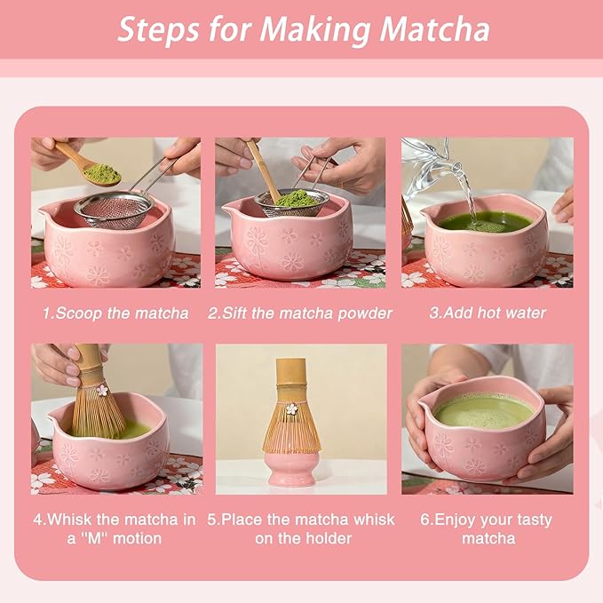8 Pcs Matcha Whisk Set, Ceramic Matcha Bowl, Whisk and Holder, Bamboo Scoop and Powder Spoon, Scoop Rest, Sifter and Tea Towel, Matcha Set with Cherry Blossom Carved Patterns for Matcha Lovers (Pink)
