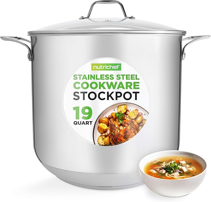 NutriChef 19-Quart Stainless Steel Stockpot – 18/8 Food Grade Heavy-Duty Induction-Compatible Pot with See-Through Lid, Ideal for Stews, Broths, Simmering & Soups, Dishwasher Safe – NCSP20