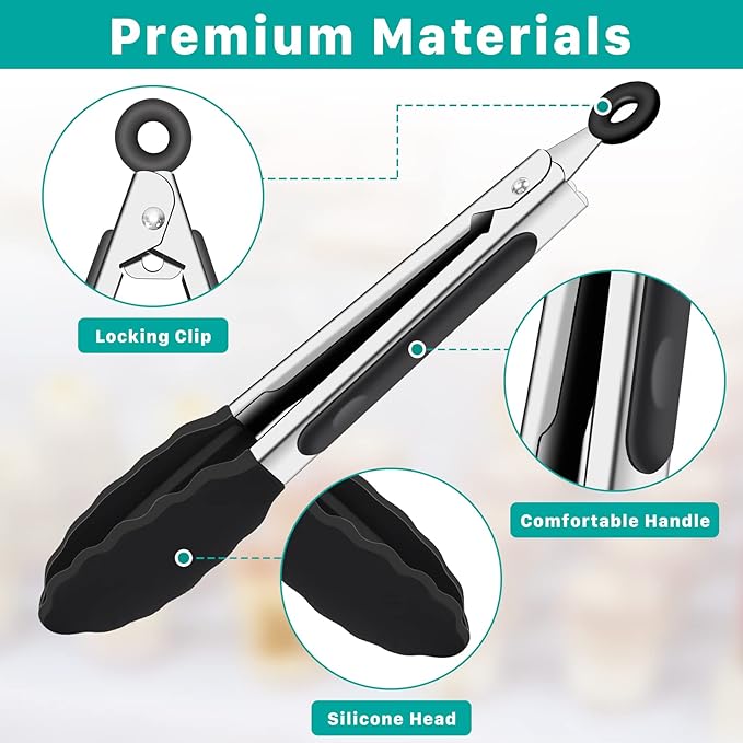 6 Pcs Small Silicone Tongs,7 Inch Mini Serving Tongs with Tips,Heat Resistant Cooking Tong,Stainless Steel Silicone Kitchen Tong for Salad Food Frying BBQ(Black,Gray,White)