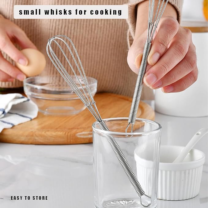 Mini Wire Whisk, 8 Inch Small Whisk for Cooking - Ergonomic Spiral Handle, 304 Stainless Steel - Ideal for Whisking, Beating, Blending & Mixing Sauces - Silver