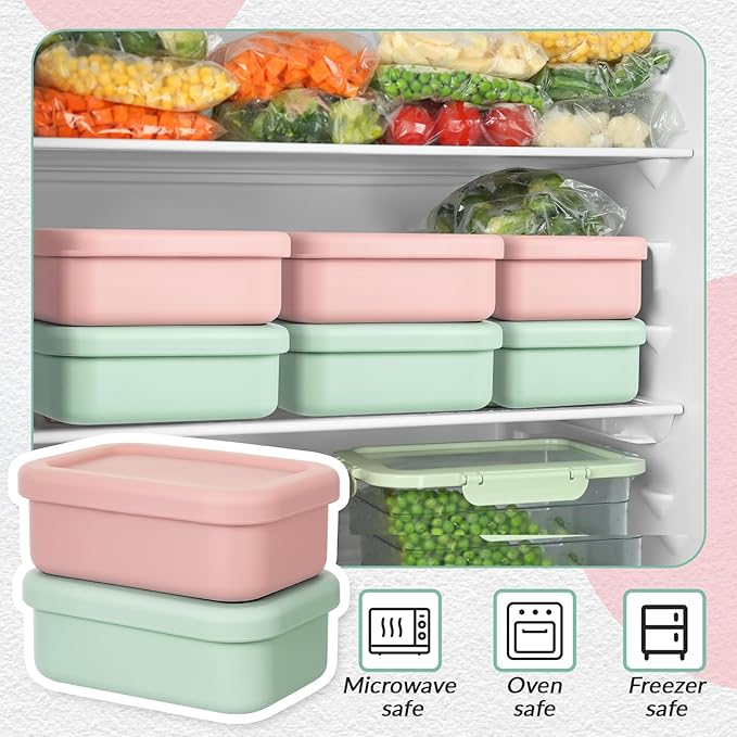 6 Packs 1 Cup Silicone Soup Freezer Molds with Lid Silicone Soup Freezer Trays Rectangle Reusable Food Preserving Tray Freezing Sauces Stews(Pink, Sage Green)