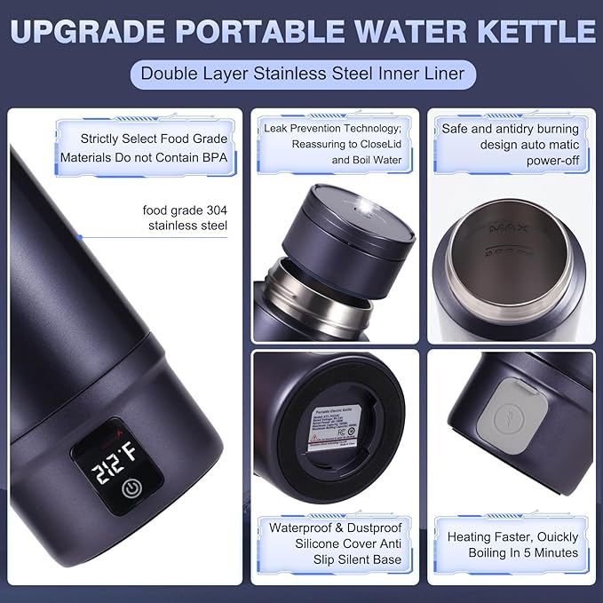 Vacuum Insulated Travel Kettle,Miicasa Stainless Steel Tumbler Small Electric Kettel,Travel Water Boiler with 6 Temperature and Auto Shut-Off Boil Dry,16oz