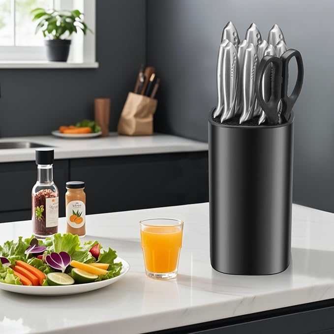Universal Knife Block Holder for Kitchen, WELLSTAR Knife Stand without Knives, Safe Space Saver Large Volume Stable Knife Storage with Scissors Slot, Detachable for Easy Cleaning – Black