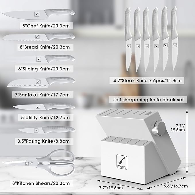 imarku Knives Set for Kitchen, Kitchen Knife Set with Block, Knife Block Set White, Home Essentials, Kitchen Essentials for First Apartment, Anti-slip handle, Dishwasher Safe