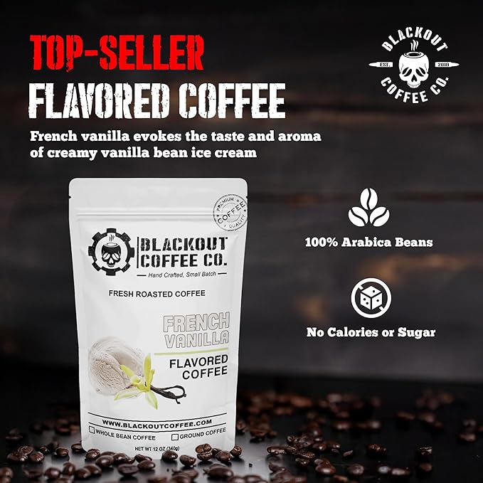Blackout Coffee French Vanilla Flavored Ground Coffee – Smooth Taste, Guilt-Free Indulgence – Freshly Roasted 12oz Pouch, American Made